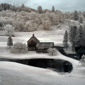 New England Barn and Reflecting Pond in Infrared Scenic Fine Art Print Wall Art