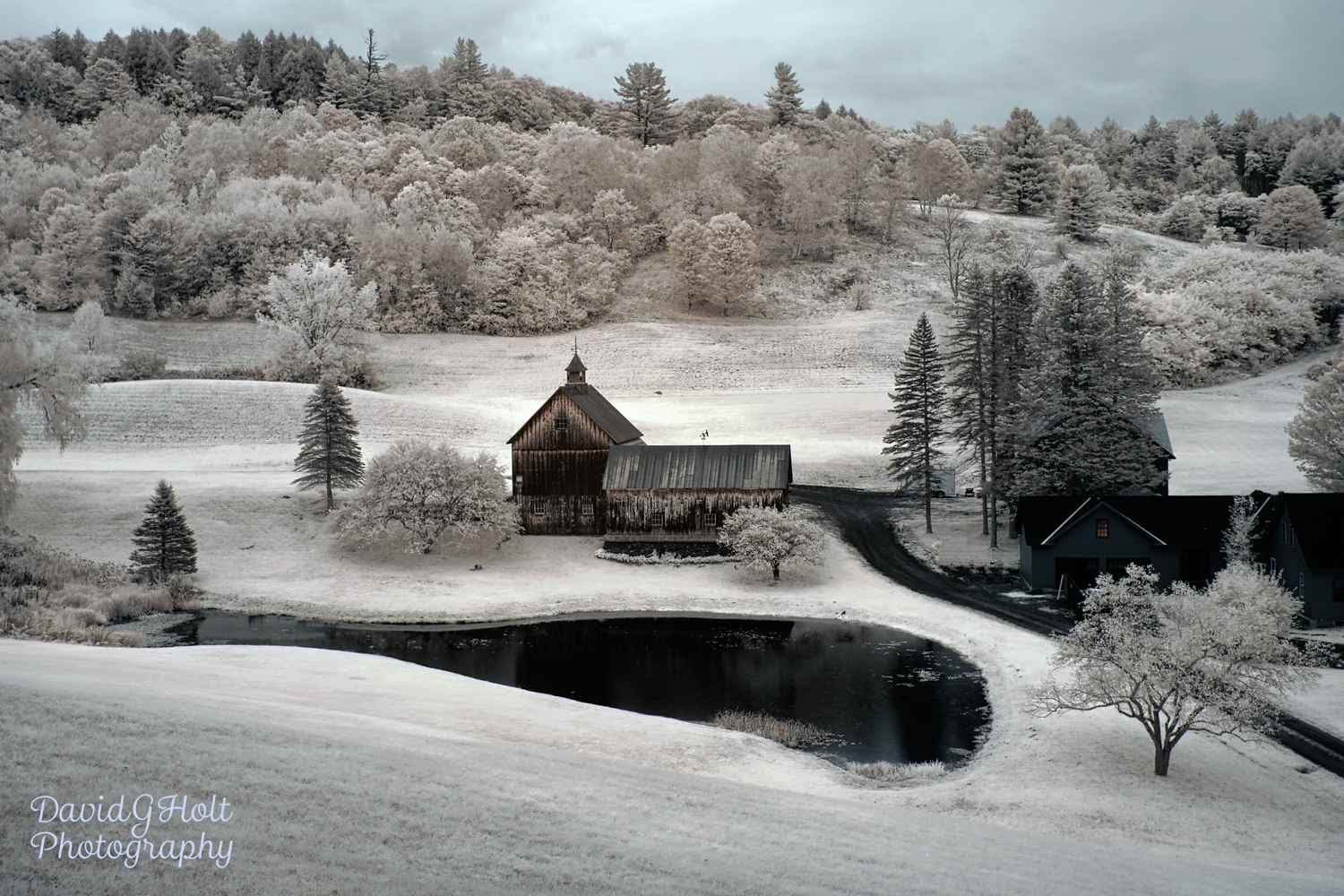 New England Barn and Reflecting Pond in Infrared Scenic Fine Art Print Wall Art